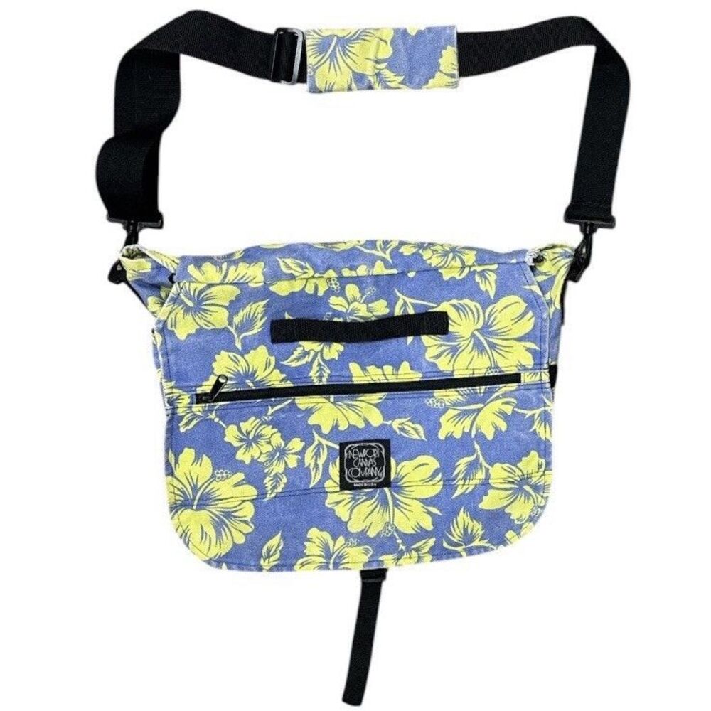 VTG Newport Canvas Company Floral Messenger Bag Blue Yellow Hibiscus Canvas 90s